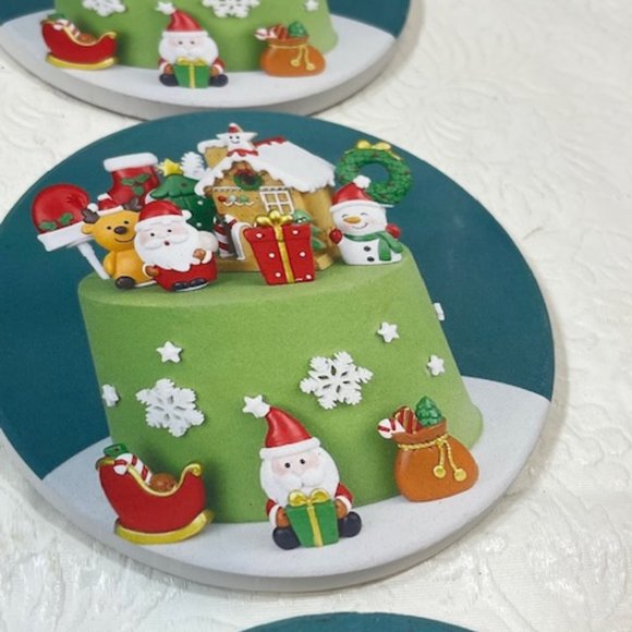 Six Holiday Themed Christmas Ceramic w/Cork Backing Coasters 4" - Picture 4 of 7